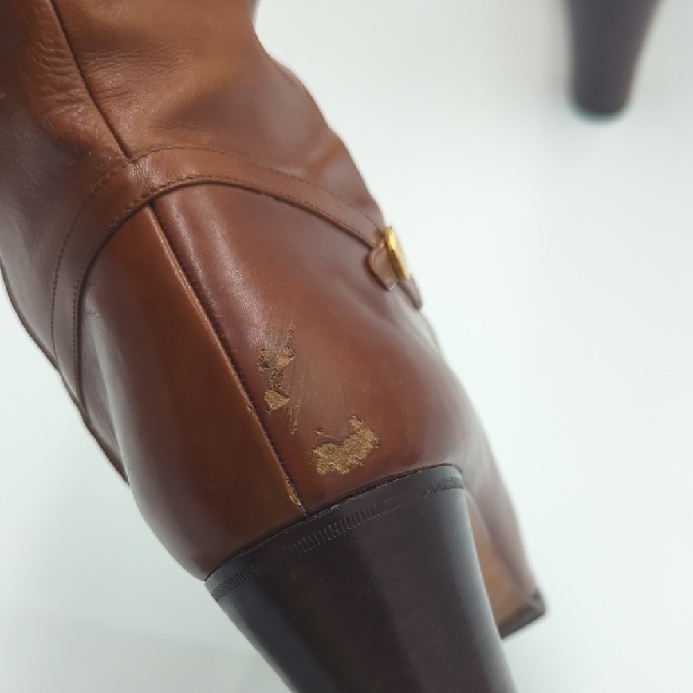 Vintage Ferragamo Leather Heeled Boots 10M Mid Calf Zip Up Classic Gold Upcycled - Picture 5 of 12